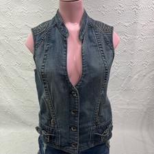 Guess Jeans Denim Vest Blue Button Up Stretch Peace Studded Biker 80's 90's Y2K