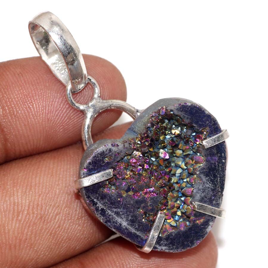 Titanium Druzy 925 Silver Plated Gemstone Pendant 1.7
