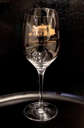 CASTELLO DI AMOROSA Gold Foil Logo Crystal Wine Glass  NAPA VALLEY  PRISTINE!