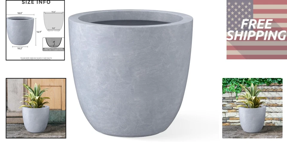 Elegante maceta redonda de hormigón gris pizarra de 18 pulgadas con drenaje para interior/exterior Foto 2 de 4