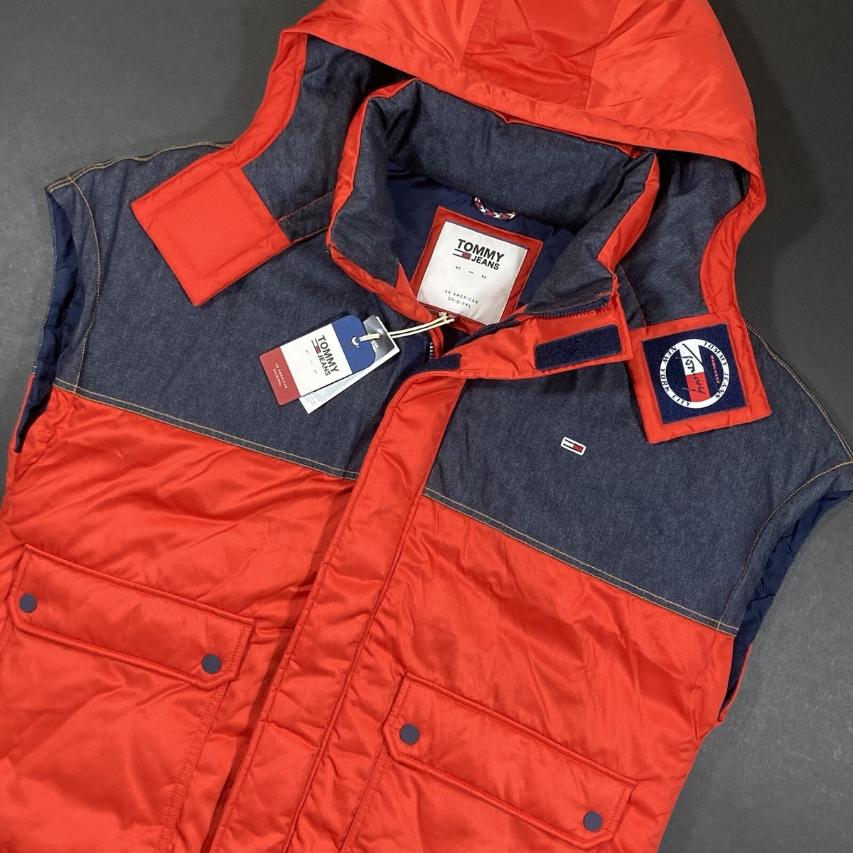 Tommy Hilfiger Jeans Mens Gilet Vest Bodywarmer Red Blue Denim OS
