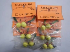 Sauger Jigs 1oz With Stinger Hook 1 dozen Flo. Yellow Head, Dark Green tail
