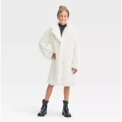Art Class Faux Fur Coat Girls' L 10/12 Ivory Jacket Single Button Pockets