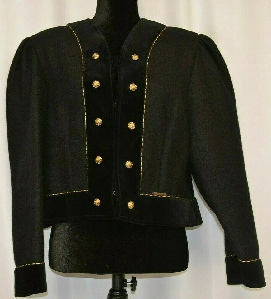 Chaqueta Geiger Talla 40 Grande Lana Negra Brillo Hilo Dorado Terciopelo Borde Blazer Cálido Foto 3 de 4