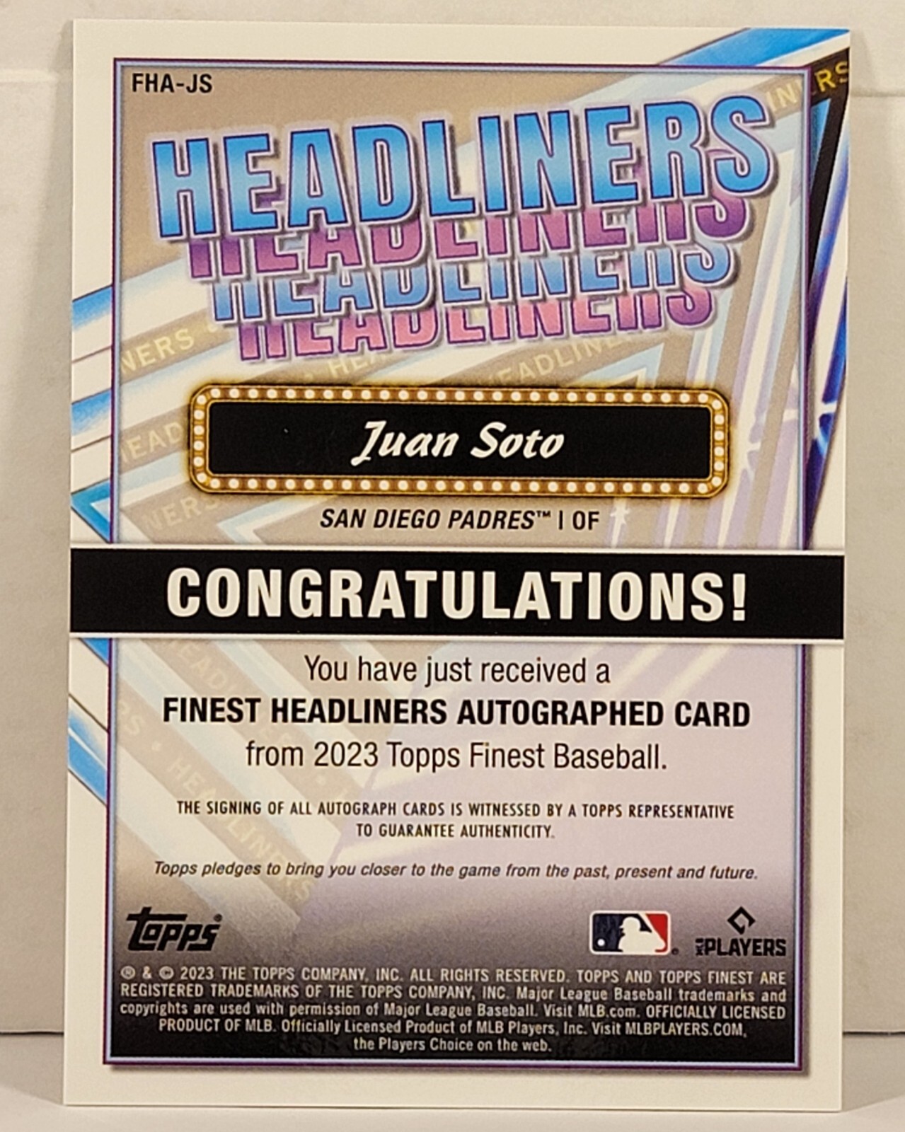 2023 Topps Finest Juan Soto Headliners Orange Refractor Auto /25 Padres