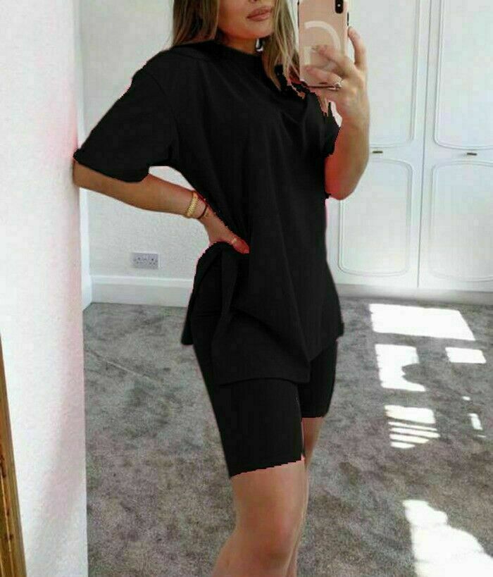 Ladies Oversize Slit Tshirt Cycling Short Co Ord Womens LoungeWear