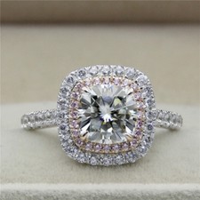 2.36ct White Cushion And Pink Cut CZ Halo Engagement 925 Sterling Silver