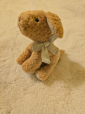 7'' Carter's Prestige Brown Tan Puppy Dog Stuffed Plush Rattle Blue Gingham Bow