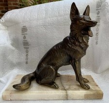 Vintage German Shepherd Dog Statue Bronze Metal Marble Base 1930s Signed H Moli