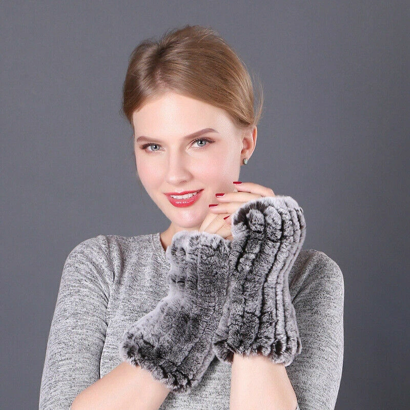 Real Rex Rabbit Fur Glove Mitten Knitted Fingerless Wrist Warm High Elastic
