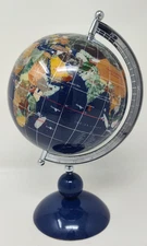 World Globe With Stand Inlaid Semi-Previous Gemstone 10.5 inch Lapis Blue Oceans
