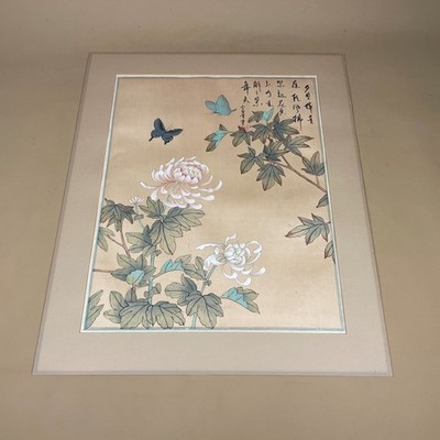 Schmetterliches Blumenbild handgemalt auf Seide orientalische Kunst Gemälde ungerahmt