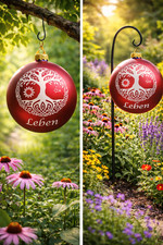 XXL Gartenkugel Lebensbaum Rot 20 cm – Gartendeko mit Symbolik & Text „Leben“