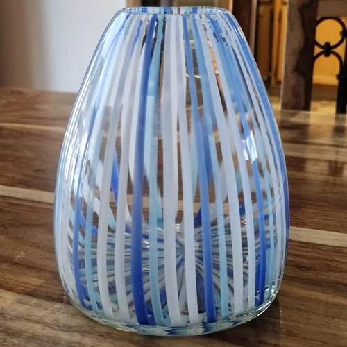Vintage Murano-Style Hand-Blown Art Glass Vase, Blue & White Swirl, Mid-Century