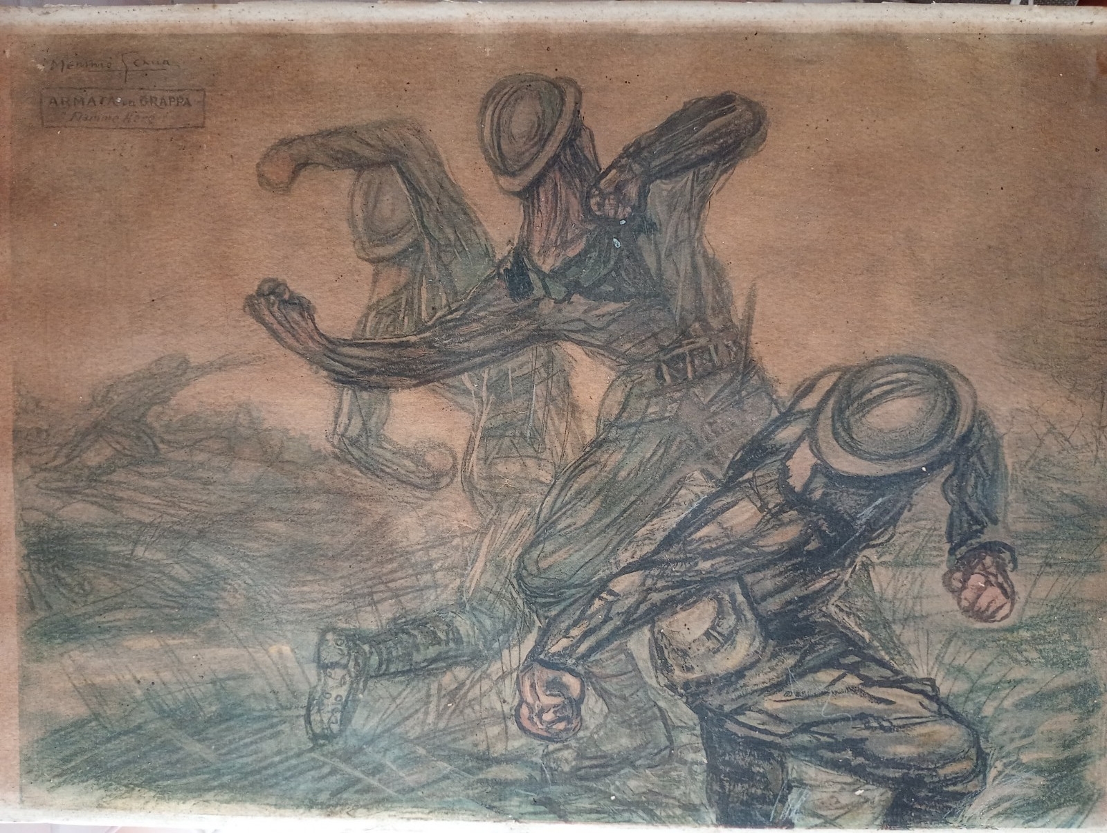 W.W.1° ARDITI ALL'ATTACCO FIAMME NERE ARMATA DEL GRAPPA GRANDE DISEGNO FUTURISTA
