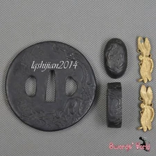 Stainless Steel Tsuba Set Hand Guard Kashira Fuchi Brass Menuki Sword Accessary