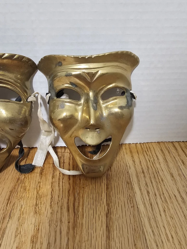 Máscara decorativa colgante de pared vintage de latón macizo comedia tragedia teatro drama 5" Foto 3 de 4