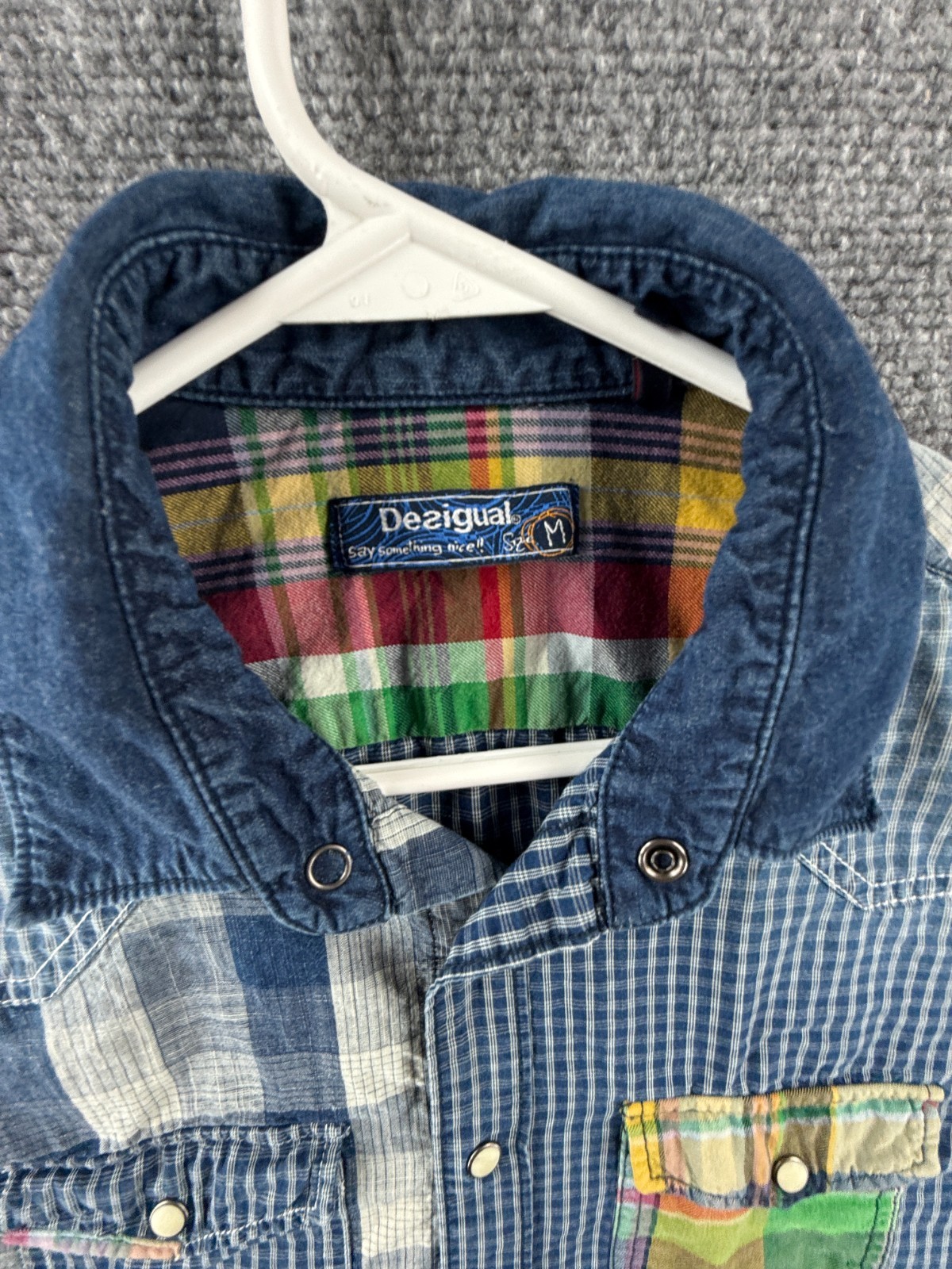 Desigual Patchwork Blue White Medium Plaid Cotton… - image 11