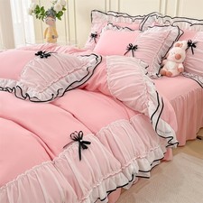 IHOUSTRIY Pink Duvet Cover Full Size, Ruffle Beddding Set with Bowtie, 3 Piec...