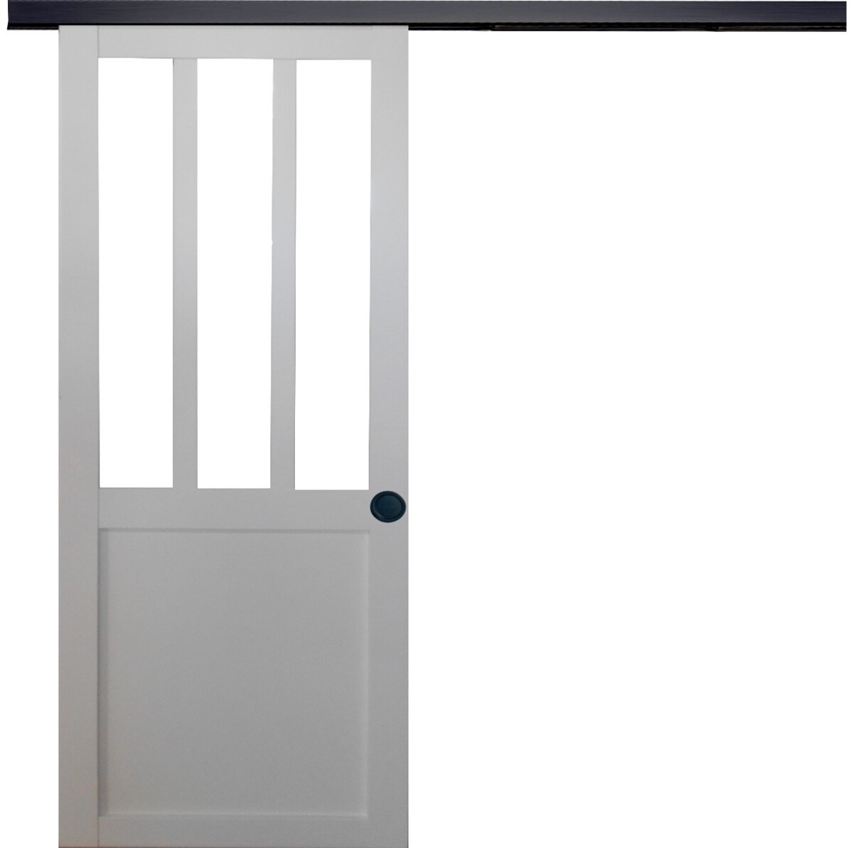 Porte coulissante atelier blanche H204xL83 avec rail alu noir et 2 poignées coquilles