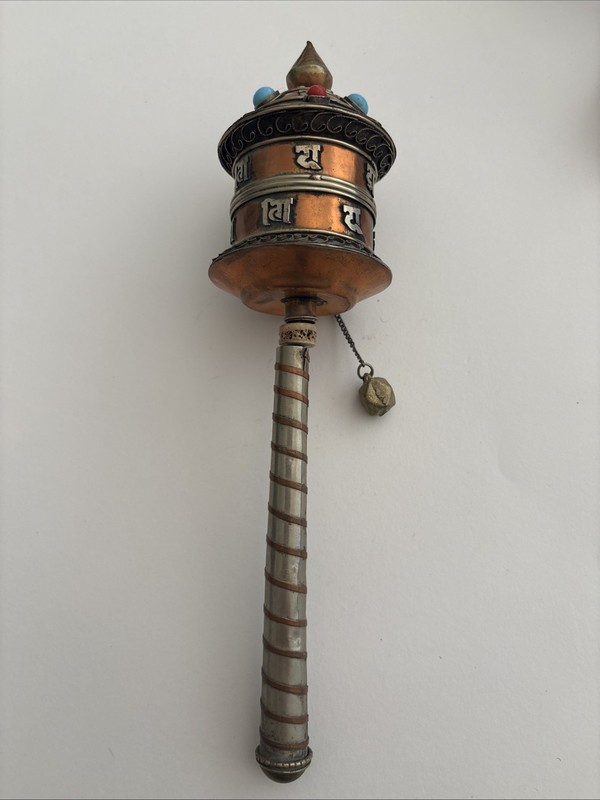 Antique Tibetian Buddhist hand held prayer wheel/copper and Tebetian silver