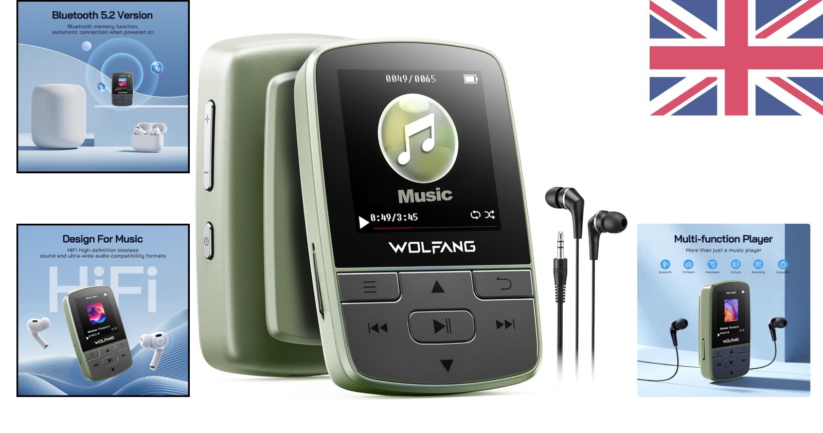 WOLFANG MP3 Player with Bluetooth 5.2, Sports Clip, Mini Size, Military Green - Image 2