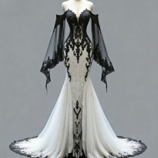Black And White Gothic WeddingDress Cap Sleeve Lace Mermaid Bohemain BridalDress