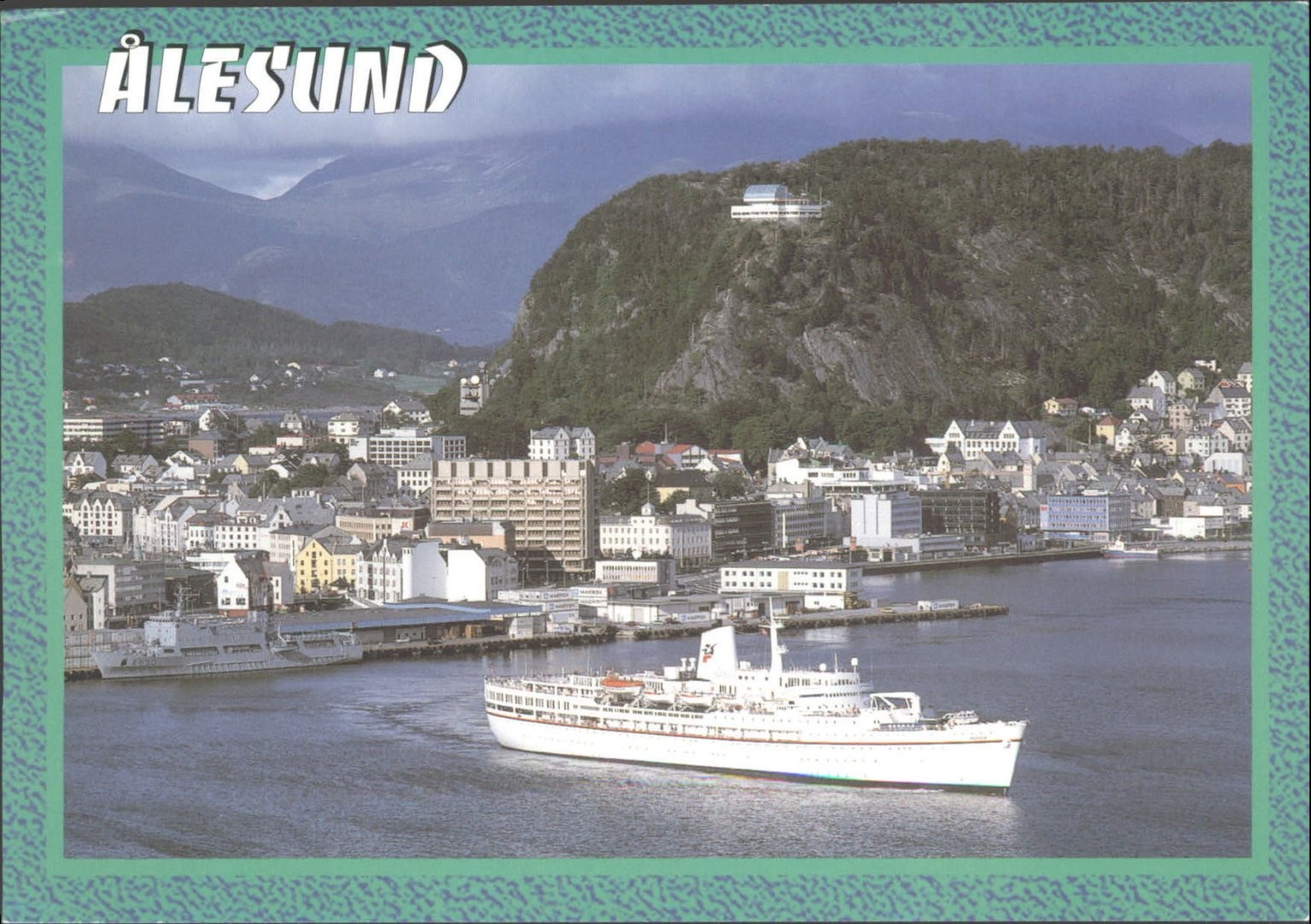 Vintage Postcard Ålesund Norway Fjord City Cruise Ship Mountain View