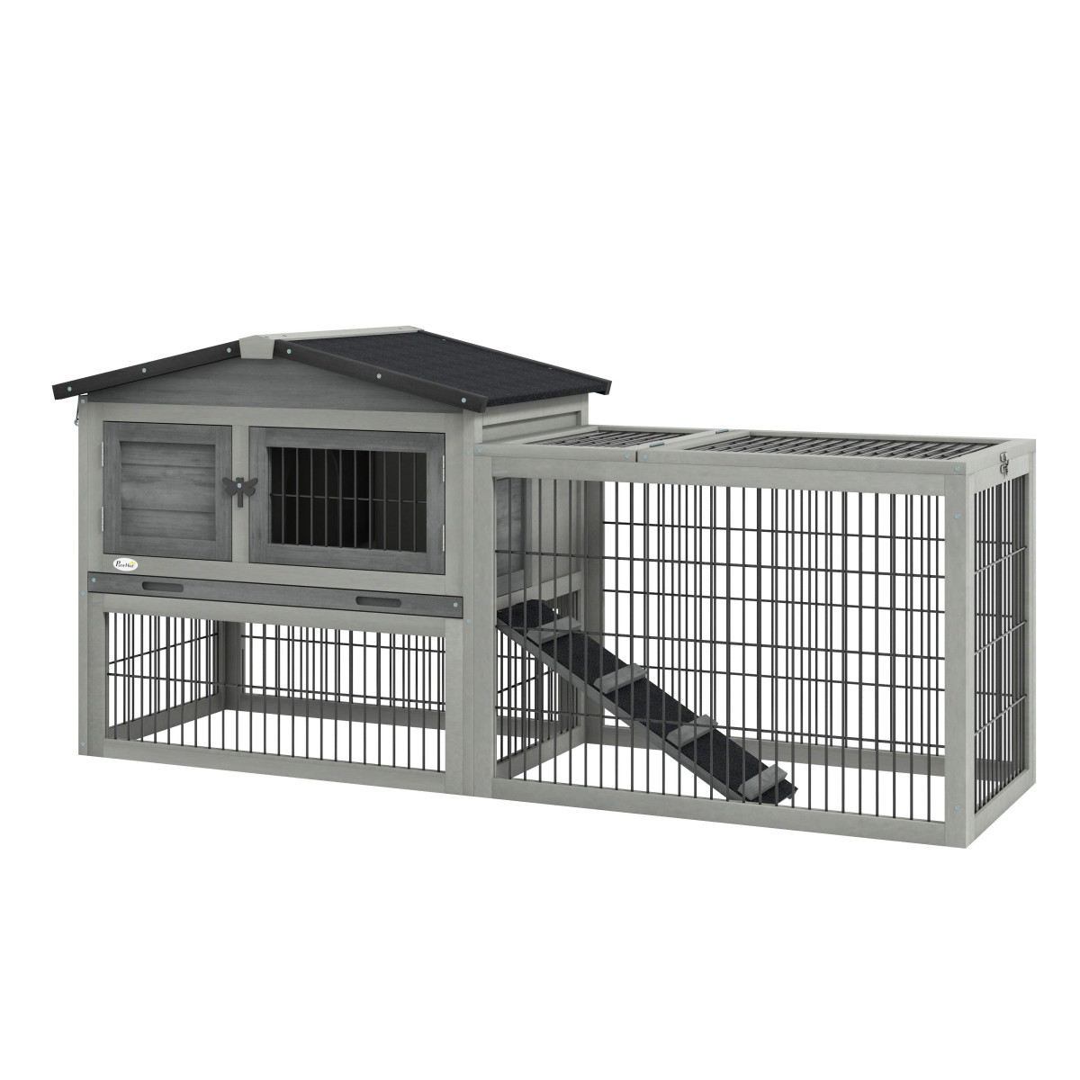 Pawhut Rabbit Hutch, Wooden Guinea Pig Hutch With Run & Tray, Grey - Image 2