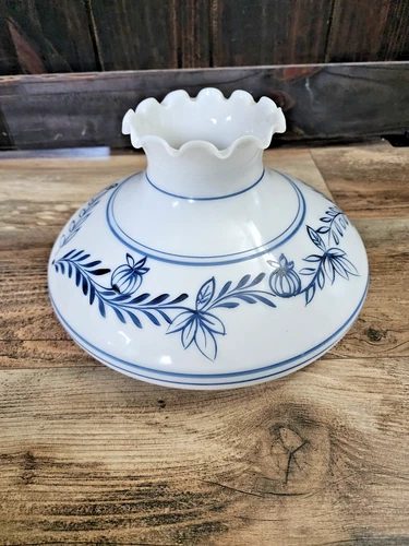 Vintage Milk Glass GWTH Hurricane Style Lamp Shade | 11.5" diam | Blue White