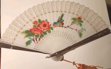 VTG Asian Large Hand Painted Celluloid Or Plastic Hand Fan Bird Floral