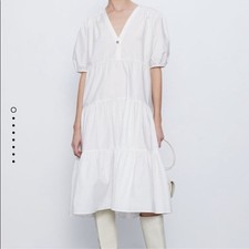 Zara White V-Neck Poplin Midi Dress puff sleeves. Bloggers Fave