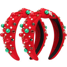 2 Pcs Christmas Headband for Women Pearl Knotted Headband Red Green Pearl Rhines
