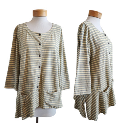 #ad Kleen Striped Button Front Cotton Stretchy Asymmetrical Lagenlook Popover Top 1X $16.09
