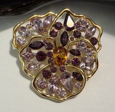 Signed NOLAN MILLER Purple & Amber Rhinestone Pansy Flower Brooch Pin 