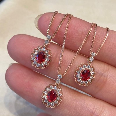 SALE! 18K Rose Gold Ruby Diamond Necklace  Natural Ruby & Lab Diamond Pendant
