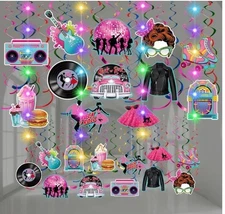 56 Pcs 50s Hanging Decorations with Lights Retro Rock and Roll Hanging Swirls...