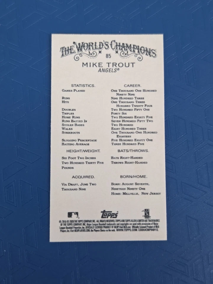 2020 Topps Allen & Ginter Mini Gold Border #85 Mike Trout LAA BASEBALL Card 3H - Image 2 of 2