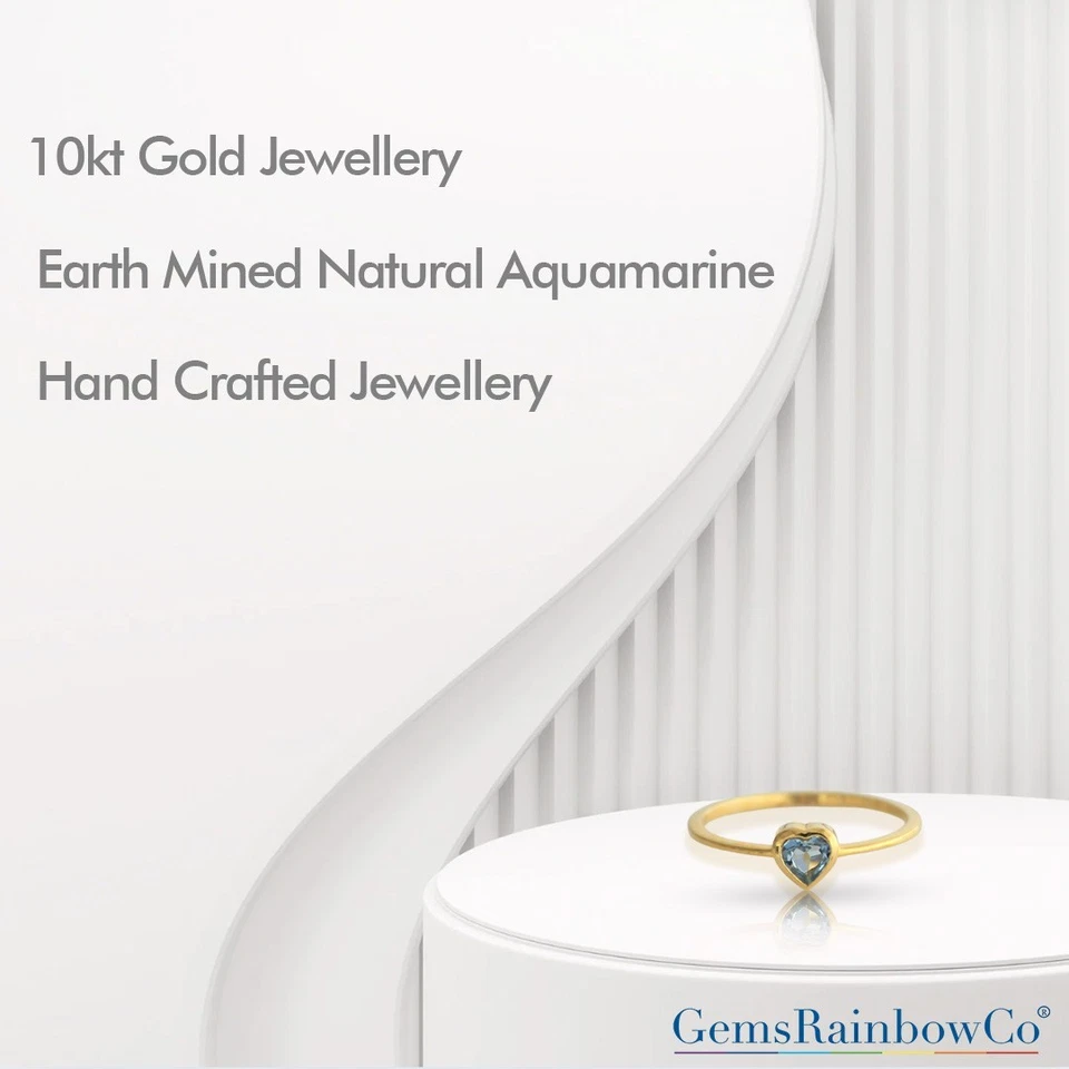 Anillo Aguamarina Hecho a Mano en Oro Sólido 10K, Anillo en Forma de Corazón Anillo Corazón Oro Foto 2 de 4