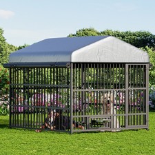 HOOBRO Outdoor Dog Kennel w/ Cover Dog Kennel Outside w/ Rotating Feeding Bowls