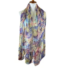 Silk Watercolor Floral Scarf Lightweight Sheer Pastel Boho Wrap 31x65
