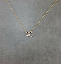 Double Heart CZ GOLD Necklace Dainty Charm Fashion Pendant Two Twin Love Cubic