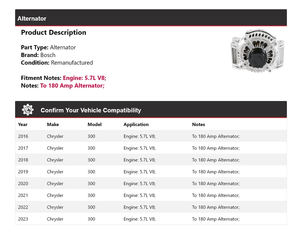 Alternador Bosch para Chrysler 300 2016-2023 5,7 L V8 (remanufacturado) 2017 2018 Foto 2 de 4
