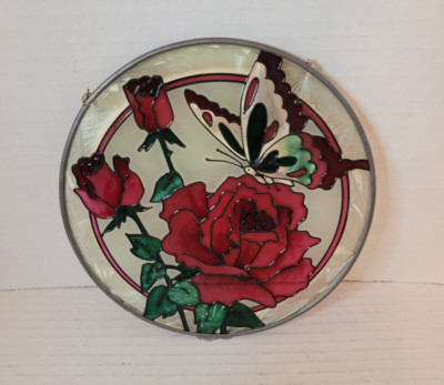 Joan Baker Hand Painted Stained Glass Roses and Butterfly Approx. 7'(BM-7-M-6)