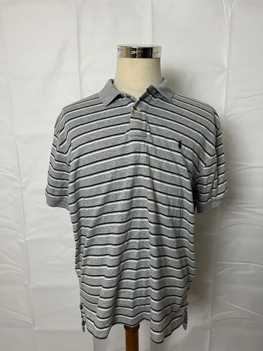 grey and white striped polo shirt