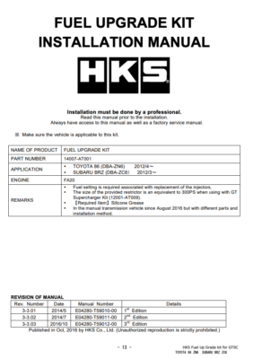 HKS GENUINE OEM FUEL UPGRADE KIT FOR SUBARU BRZ ZC6 FA20 ☆ 14007