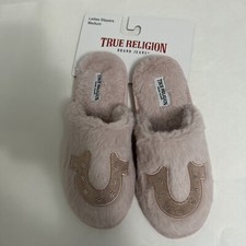 True Religion Womens Fuzzy Slippers Sz 6.5-7.5 M Ladies Pink Faux Fur