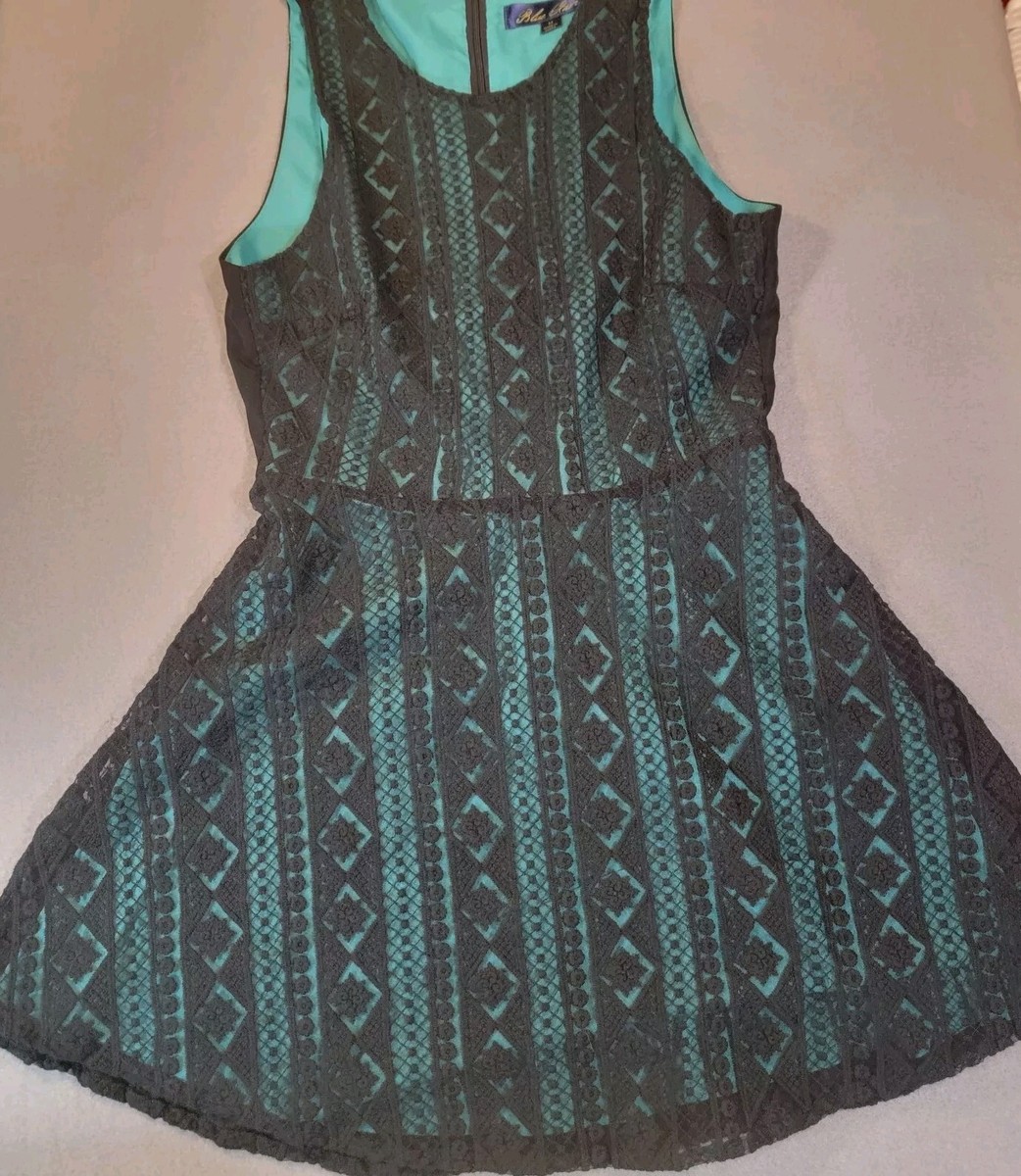 Blue Rain Womens Dress Sleeveless Black Crochet Overlay Medium Green Lined