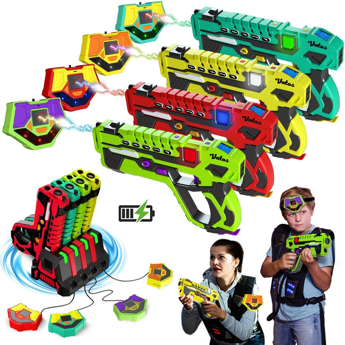 Oplaadbare Laser Tag Guns Set - VATOS Laser Tag 4 spelers met oplaadstation, geen vesten nodig,infrarood laserpistolen met data display voor kinderen tieners volwassenen familie groepsactiviteit spel