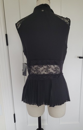 Blusa Guess Top Sin Mangas Negra Con Pliegues de Lazo e Inserciones de Encaje Talla M NUEVA - Imagen 10 de 15